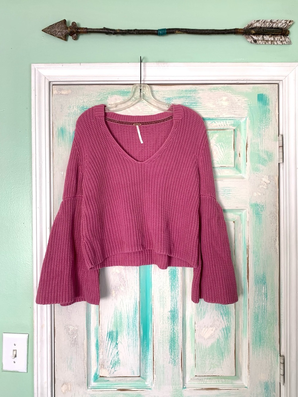 Free People Damsel Pink Rose Knitted Bell Sleeve Sweater S